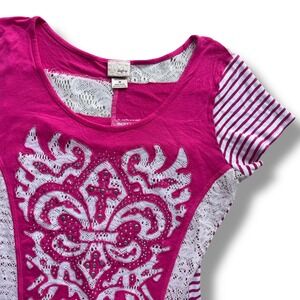 Daytrip M Pink White Lace Rhinestone Cross Patchwork Y2K Tee Top Bratz Aesthetic